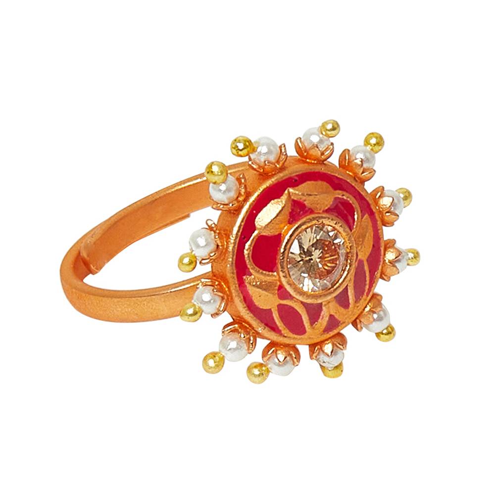 Adjustable Leaf Motifs Gold Toned Brass Faux Pearls Ring : 8905124444339