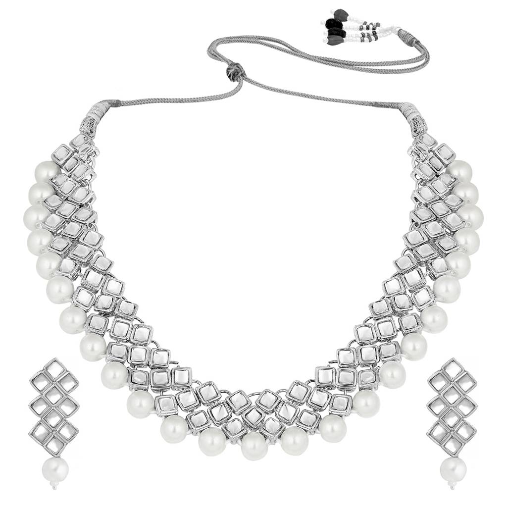 Silver Plated Indian Ethnic Kundan Pearl Fancy Bridal Traditional Choker Necklace Jewellery Set With Earrings Fo : PF25N1018RW