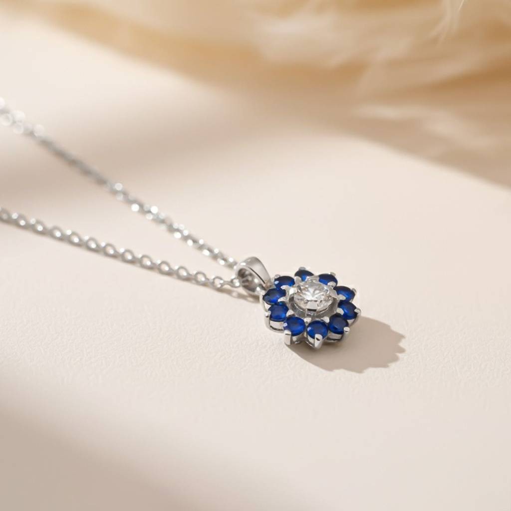 Silver Blue Sapphire Floral Halo Pendant : ZLP-1173