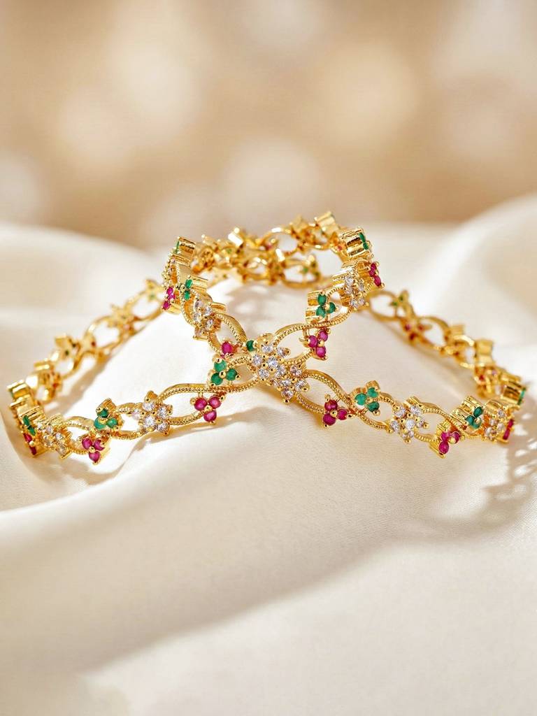 Gold Plated Floral Twist Design Ad Bangle For Women With Pink & Green Stones | Elegant Ethnic Wedding Kad : 847-C1BG-2206-2-24