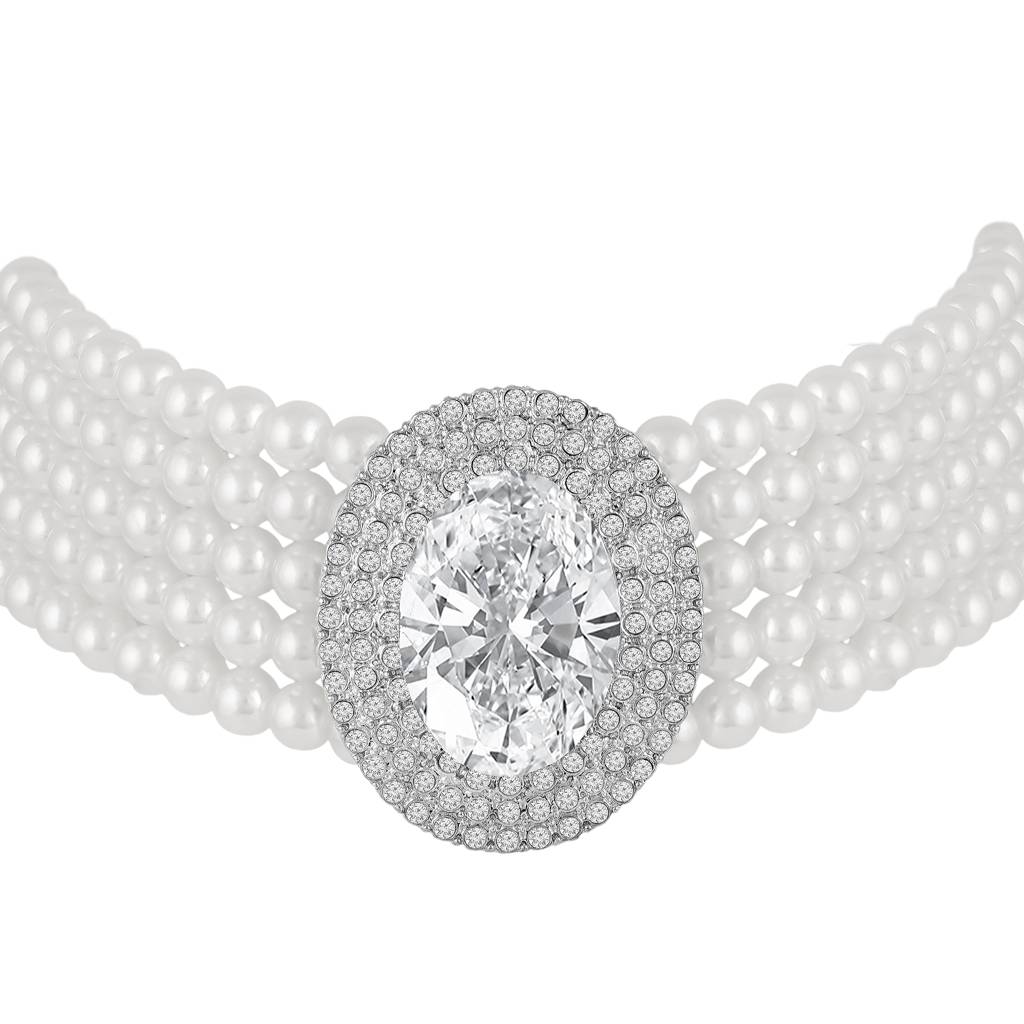 White Ethnic Choker Necklace For Women & Girls | Silver Plated | Crystals, Cubic Zirconia & Pearl Studded | Festive : PX9N219W