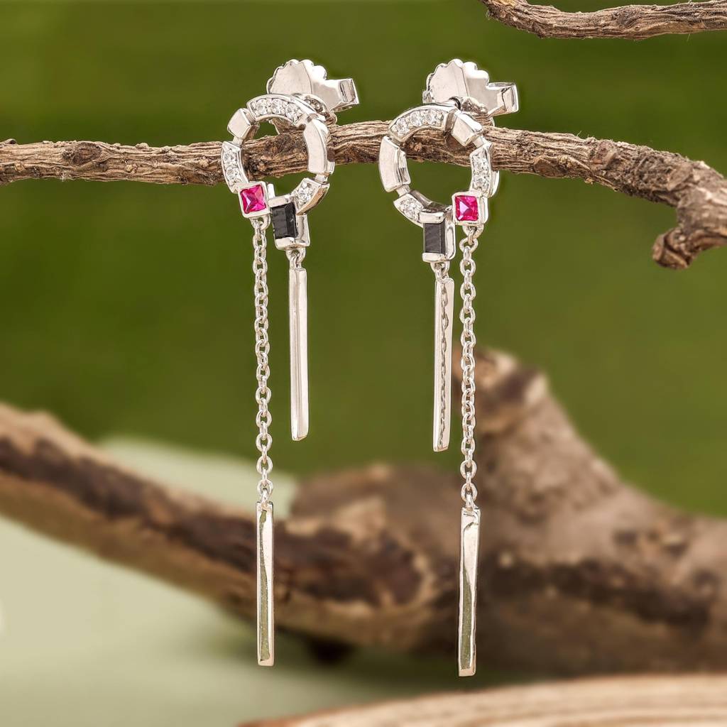 925 Silver Art Deco Chain Earrings Cz Dangle : SE_000966
