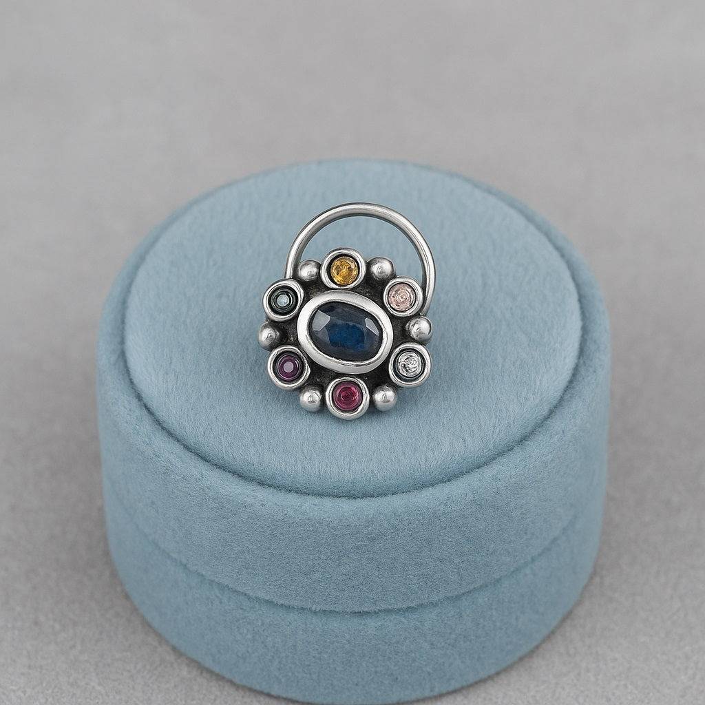 Navratna Oval Nose Pin - Sterling Silver : NP00150_925S_OX_YCZ