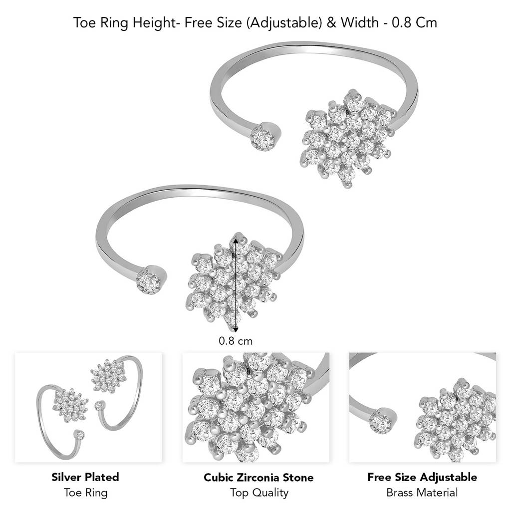 Peora Silver Plated Cubic Zirconia Studded Adjustable Floral Toe Ring Stylish Bichiya Daily Regular Fancy Jeweller : PF30TR18S
