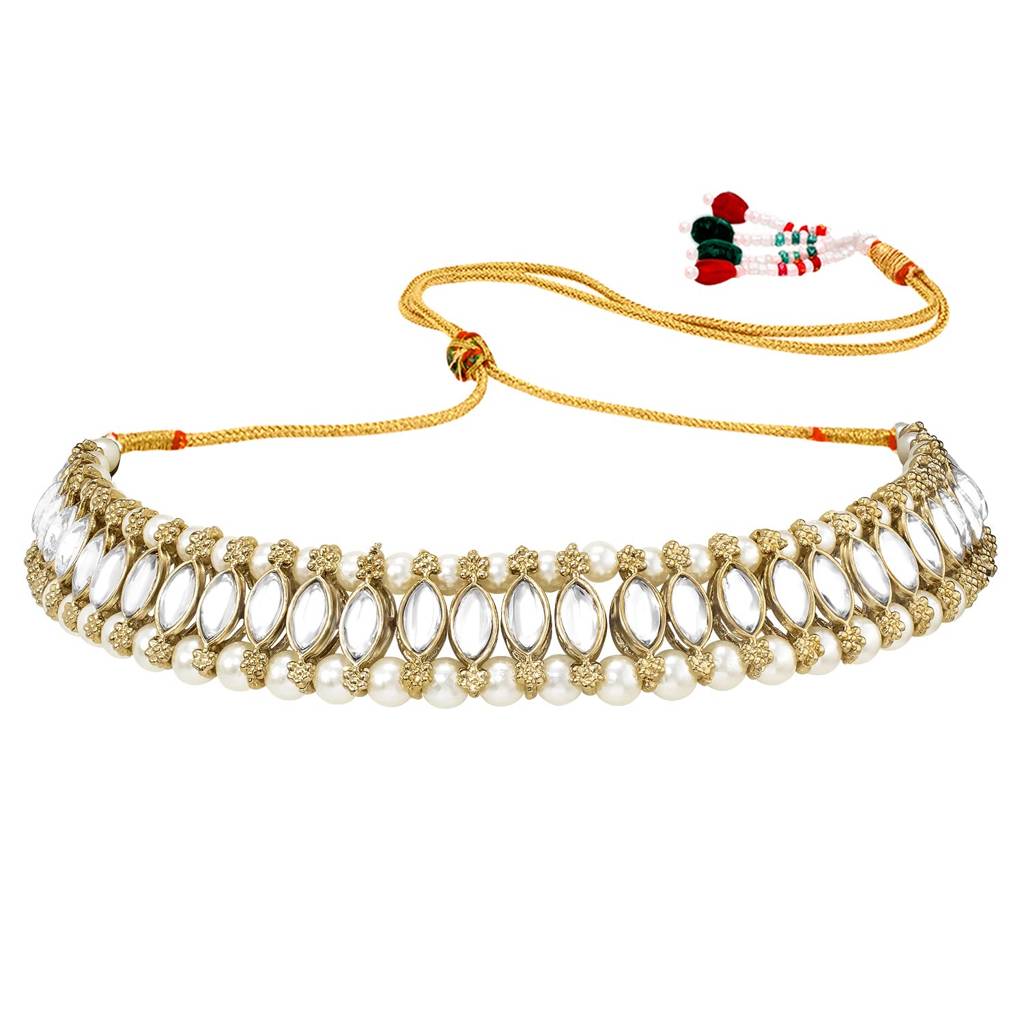 Traditional Gold Plated Kundan Choker Necklace Round Stud Earring & Maang Tikka Ethnic Jewellery Set Gift For Wome : PF28N226W