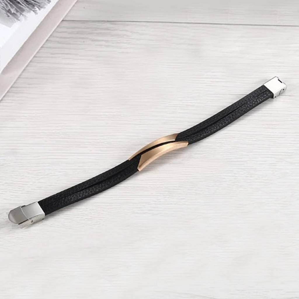 Black Synthetic Leather With Rose Gold Plated Metal Bracelet Stylish Design Fashion Casual Jewellery Gift For Men & : PX9LB34C