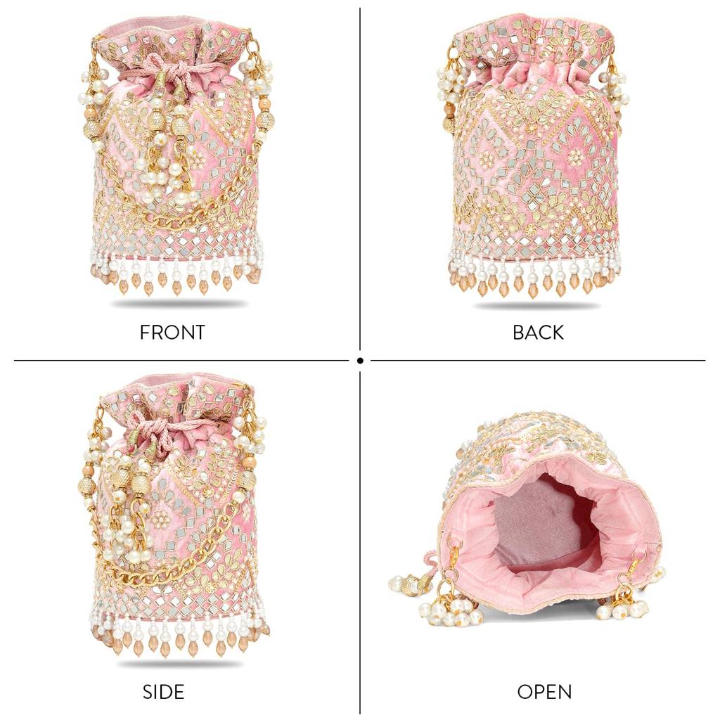 Light Pink Embellished Potli Bag Ethnic Wristlet Purse For Women & Girls : P127GPK