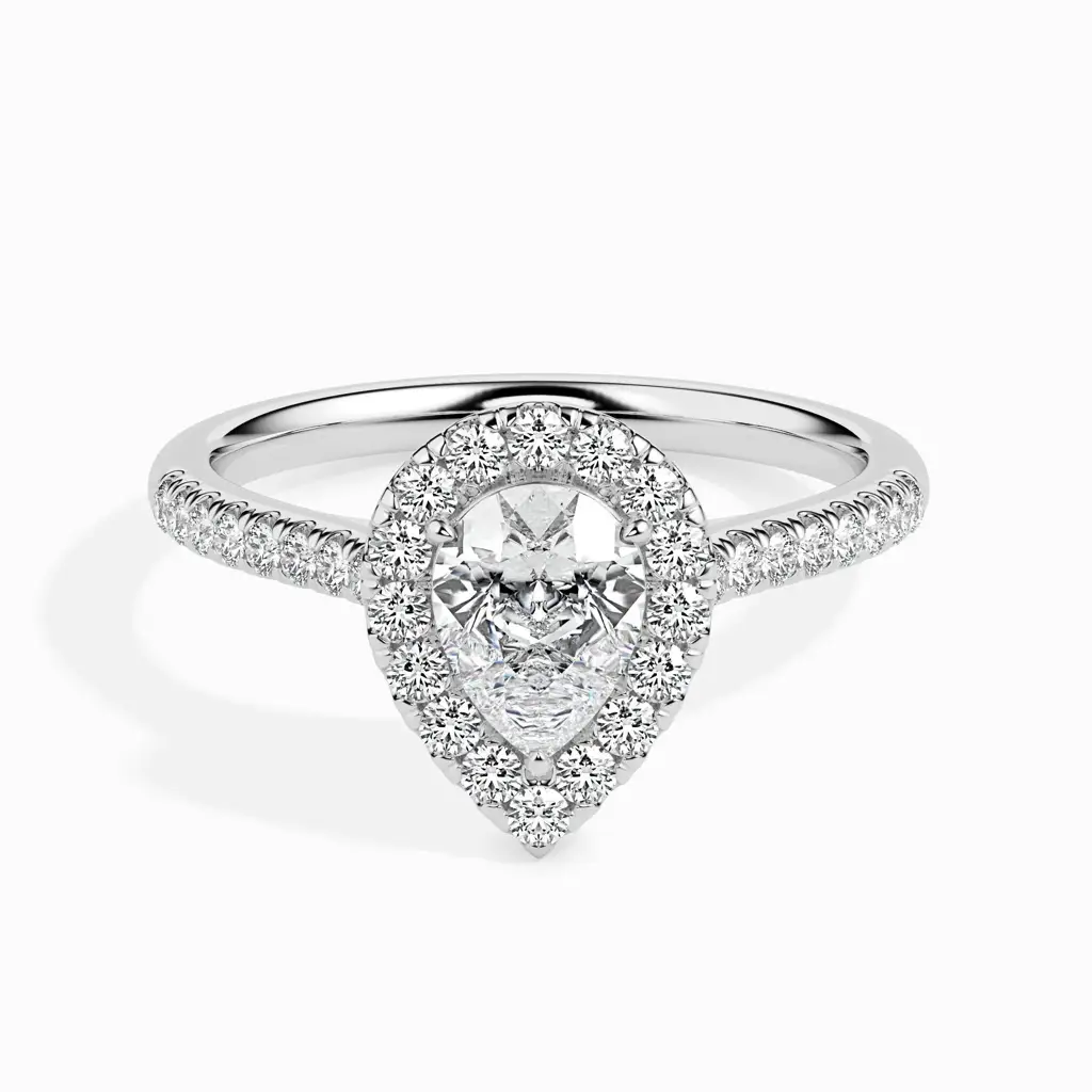 1.5 Carat Pear Solitaire Ring With Halo In Diamond Band : 09kWhiteZNR167F10