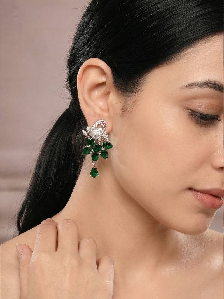 Silver Plated Emerald Green Ad Peacock Statement Earrings : SJER2985