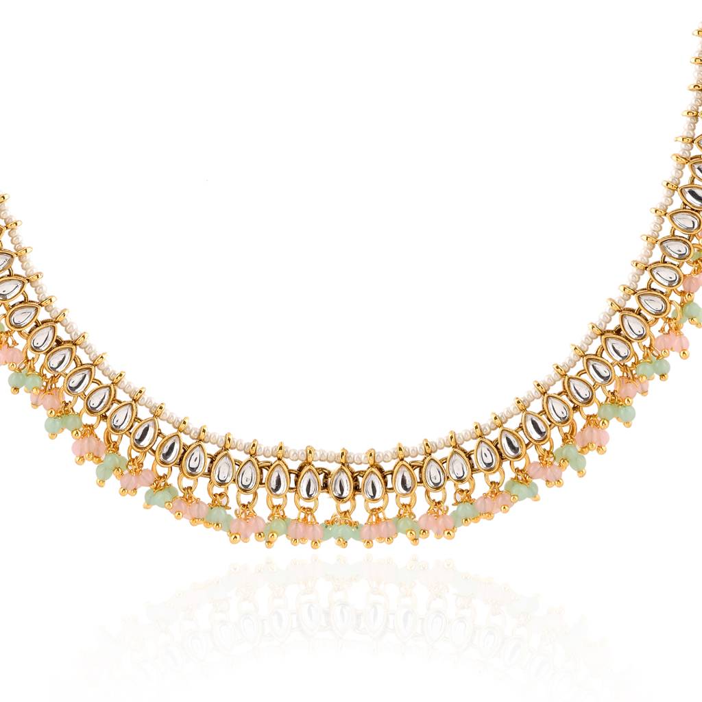 Kundan Opulance Light Pink Multi Pearl-Beaded Yellow Gold-Plated Short Necklace Set : 8905124585377