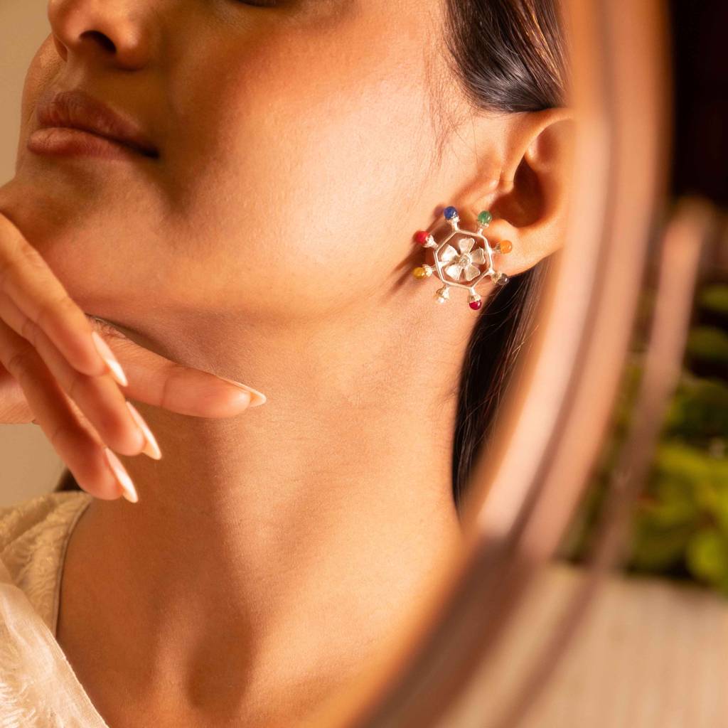 Moh Navratan Floral Necklace Earring Ring Set : SNS1256
