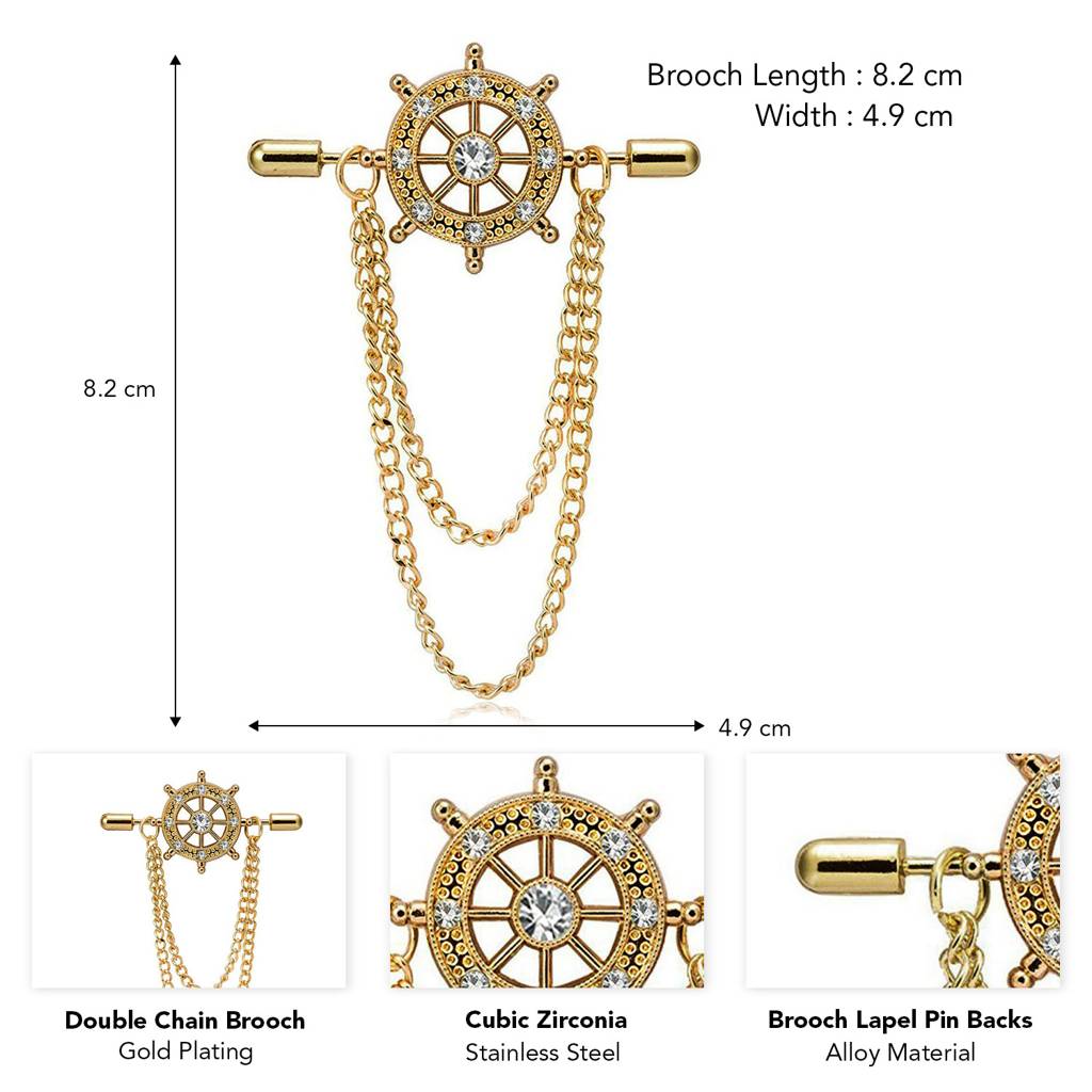 Peora Gold Plated Cubic Zirconia Studded Double Chain Pin Brooch Elegant Jewellery For Men : PX9BH03