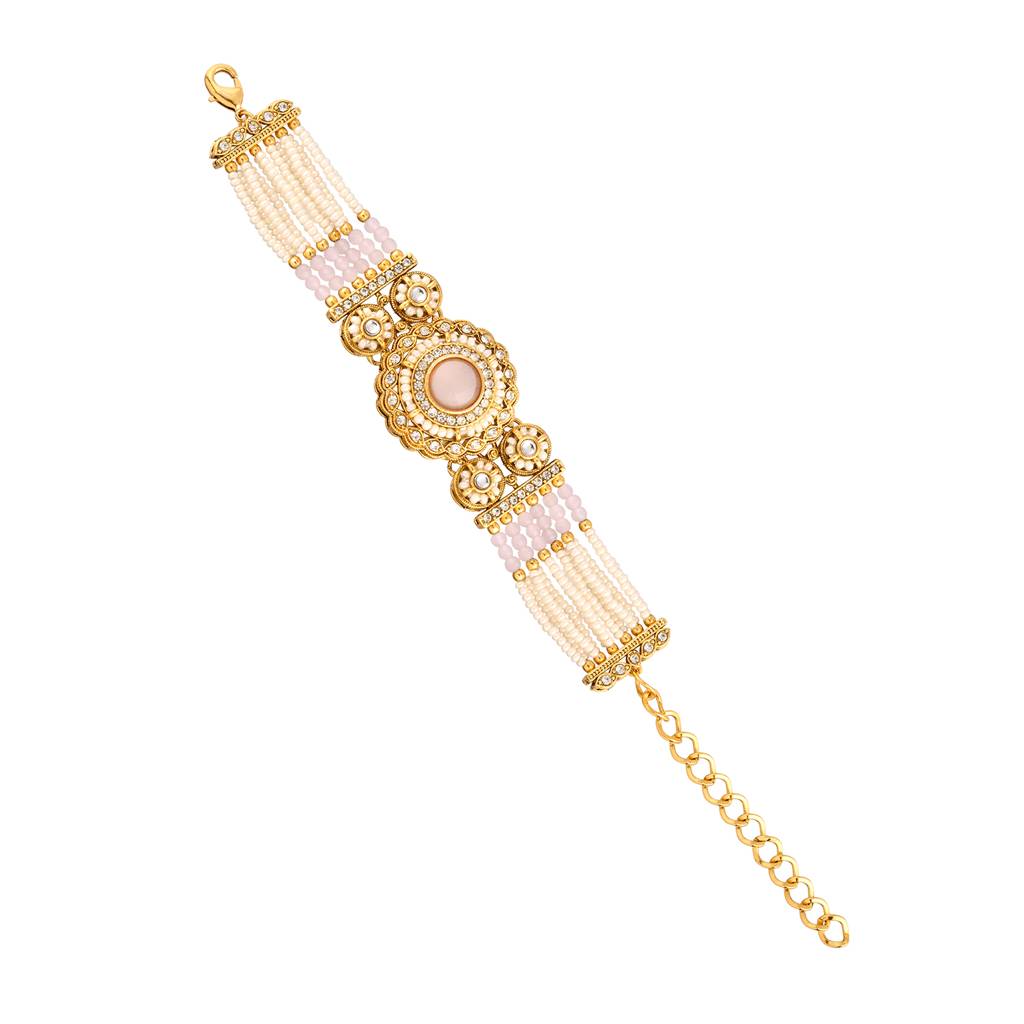 Kundan Opulance Whitesmoke Cz-Pearl Beaded Yellow Gold-Plated Bracelet : 8905124585445
