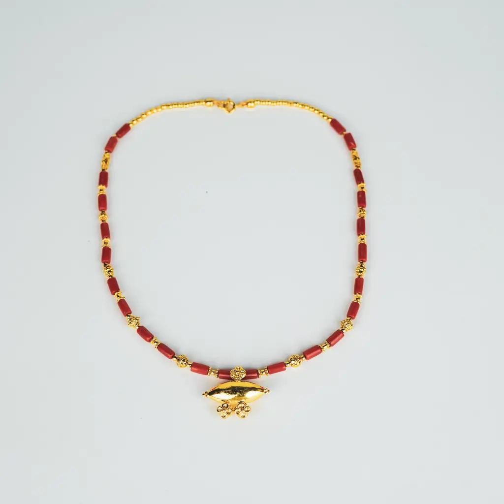 Tribal Necklace With Corals And Carved Beads | 92.5 Silver | 22K Gold Plated : 7027607