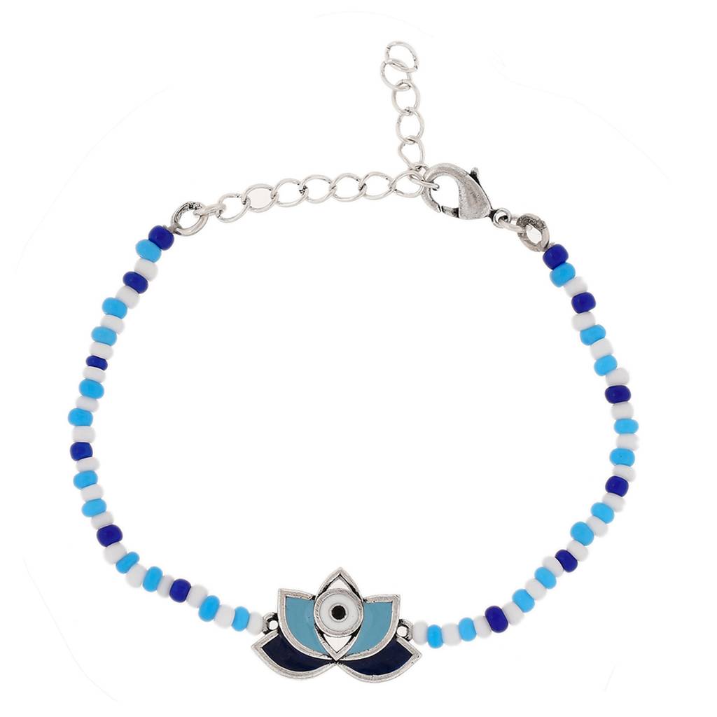 Evil Eye Lotus Shape Blue-White Beads Chain Bracelet : 8905124479270