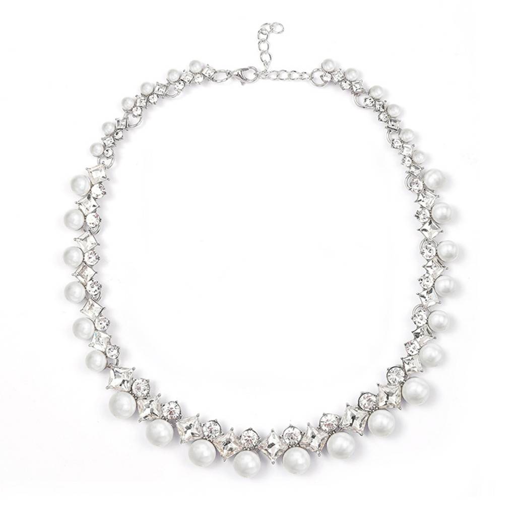 Silver Plated Crystal & Pearl Studded Necklace And Drop Earring Jewellery Set Gift For Women : PX9N130