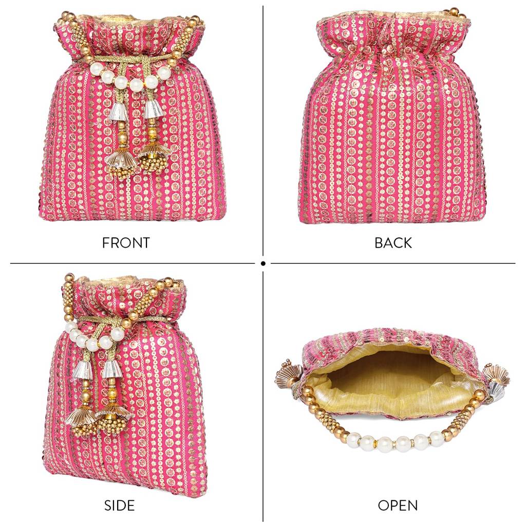 Potli Purse For Women Handmade Evening Handbag Stylish Bridal Fashion Wristlet Bag For Girls (P163G) : P163RP