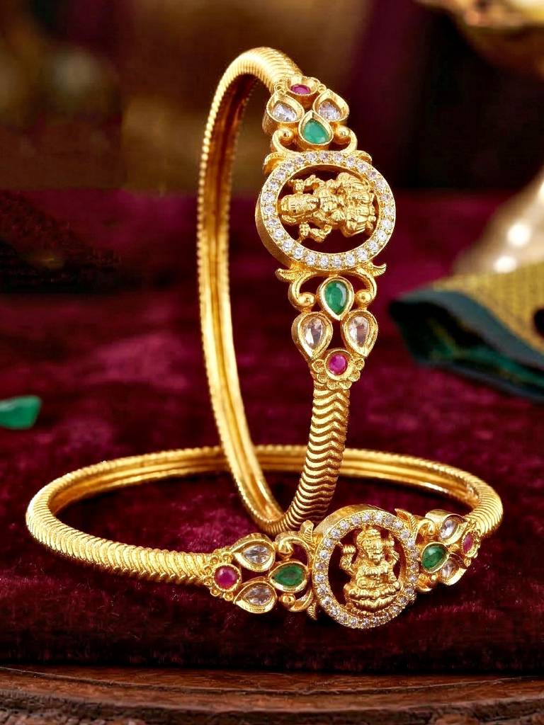 Gold Plated Laxmi Ji Temple Design Ad Bangle For Women With Pink, Green & White Stones | Traditional Brid : 655-C1BG-2197-2-24