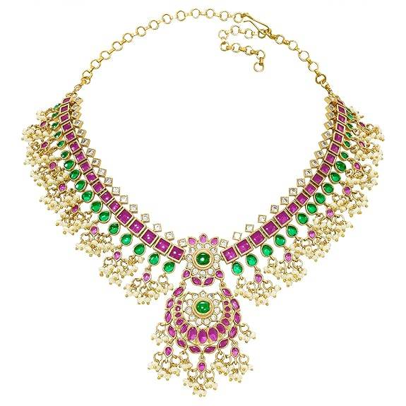 Rani Pink Green Ethnic Necklace Earrings For Women & Girls Gold Plated Faux Ruby Emerald & Lariya Traditional Temp : PF76N01RG