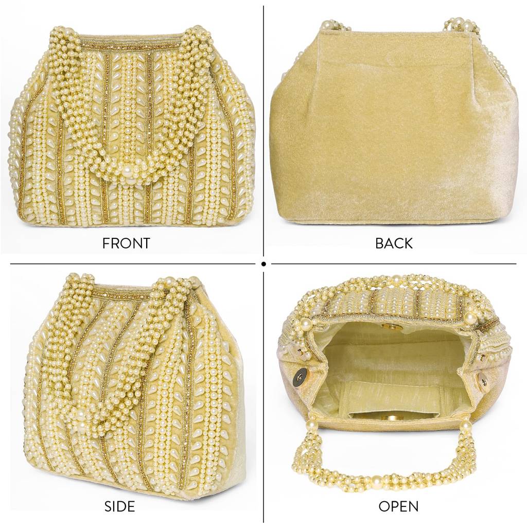 Golden Beads Embellished Potli Bag For Women Handcrafted Bag Stylish Fashion Purse For Girl : P58G-F