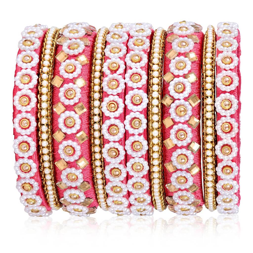 Ethnic Crystal Beads Studded Pink Chuda Bangle Set For Women : PF51B100PK