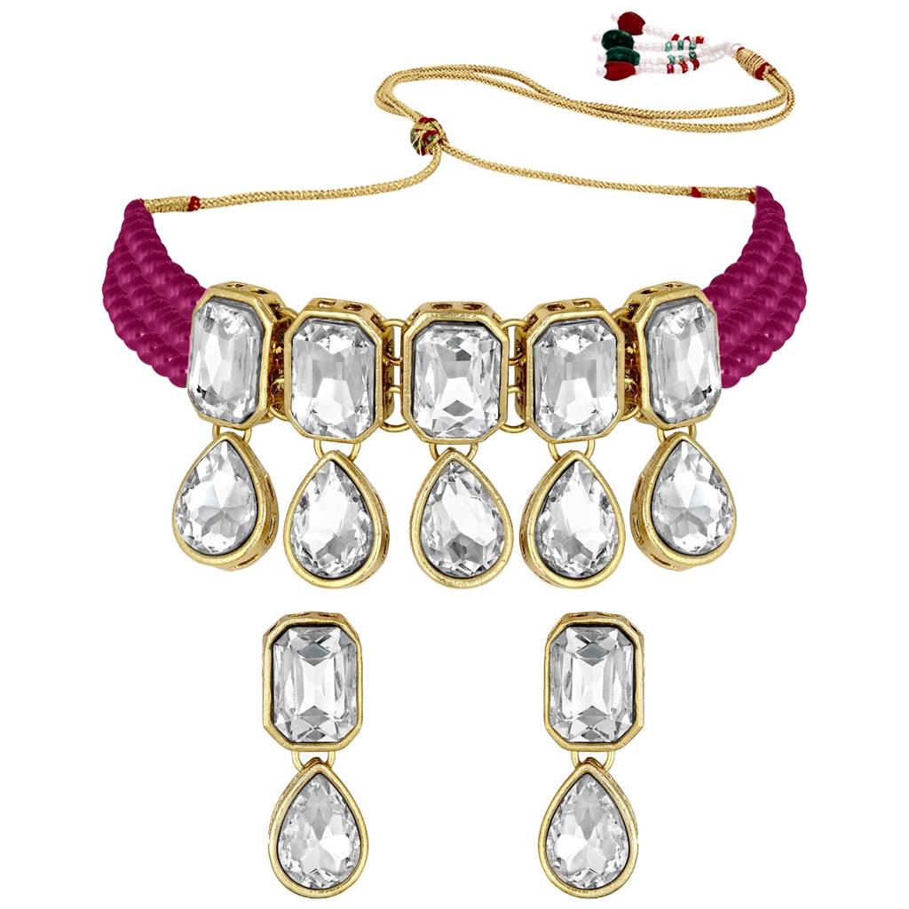 Crystal Pearl Traditional Ethnic Bridal Choker Necklace With Earrings Jewellery Set For Women Girls : PF24N2905RP