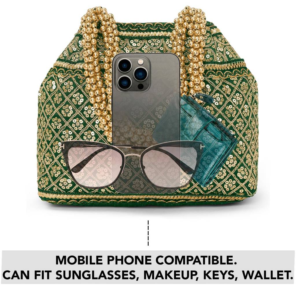 Green Patterned Potli Bag Ethnic Wristlet Purse For Women & Girls : P121GRN