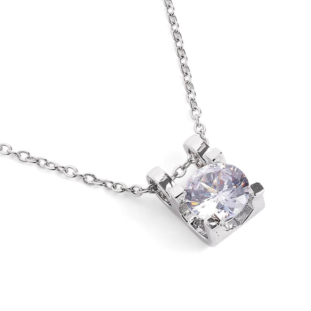 Rhodium Plated Round Pendant Necklace | White Crystal Solitaire Design |Office Wear : CYL-017-IRWE-PENDANT