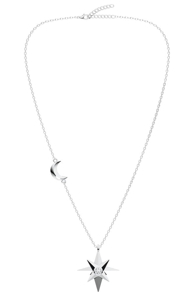 Celestial Star & Crescent Moon Moissanite Pendant Necklace In 925 Sterling Silver : SILLUXP001_S
