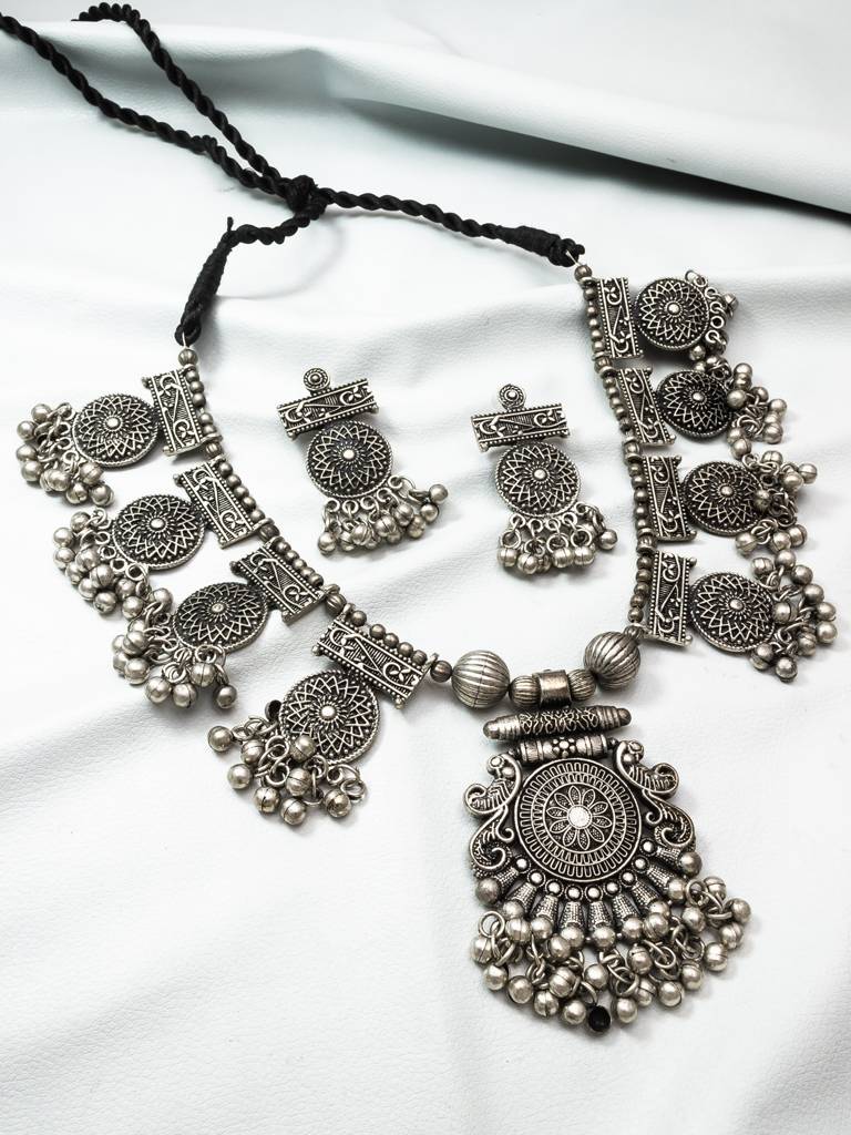 Oxidized Silver Mandala Ghungroo Necklace Set With Coin Pendant And Matching Earrings : NK4238