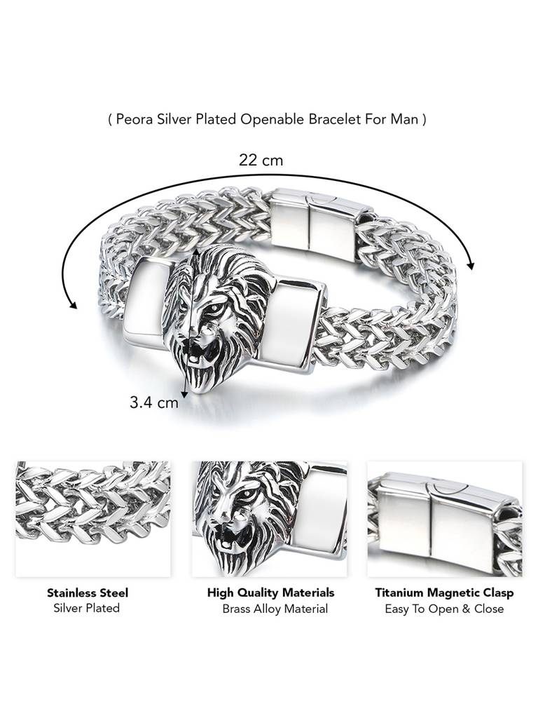 Peora Silver Plated Stainless Steel Metal Bracelet Openable Design Stylish Jewellery Gift For Men & Boys : PX5SB64
