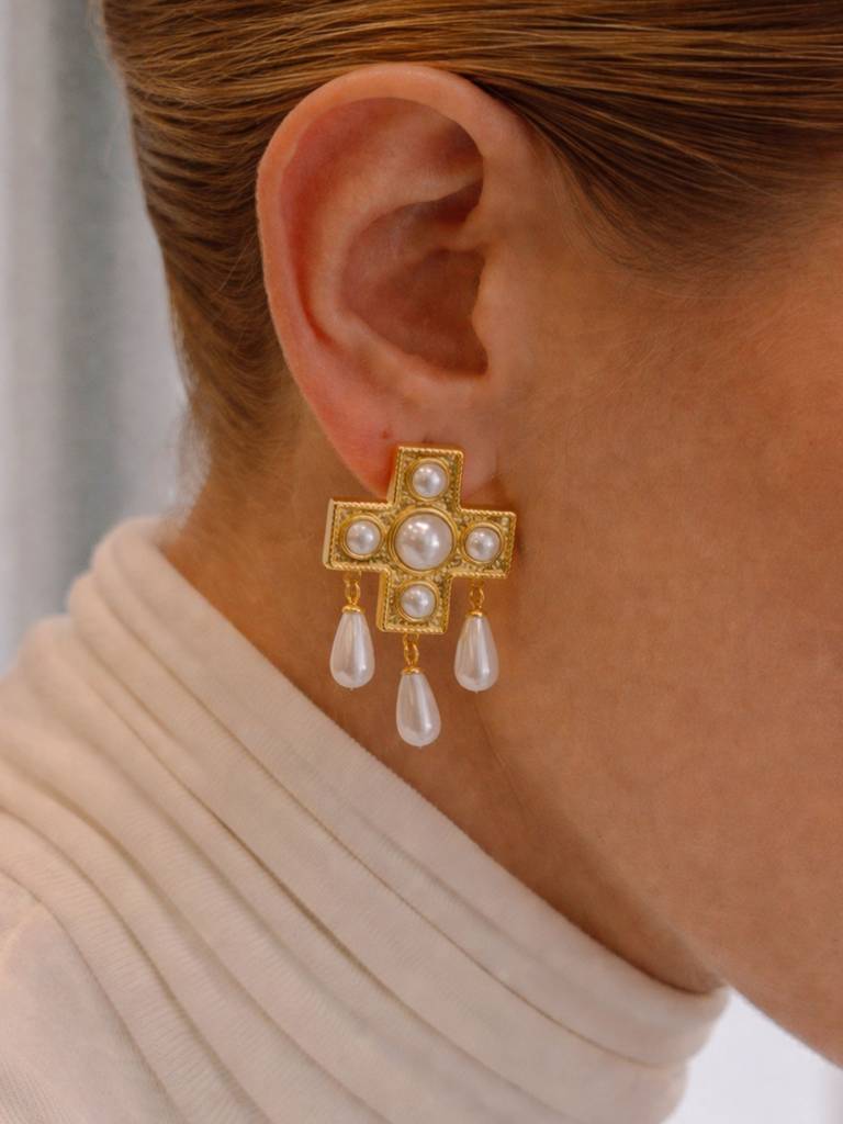 Cross Pearl Dangle Earrings Anti-Tarnish Waterproof 18K Gold Plated For Women : AWX0925E0422