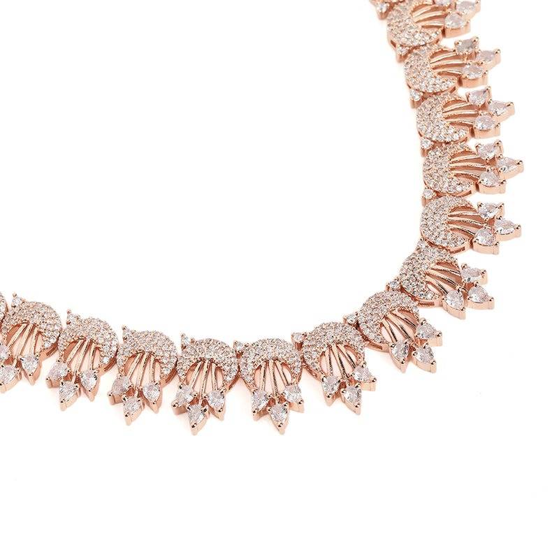 Classic Leaf Motif Collar Rose Gold Plated White Cz Necklace Set For Celebration Occasions : AD-898-RGWENKER
