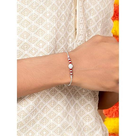 Mens 925 Sterling Silver Red Beads Studded Rakhi Bracelet For Brother Bhaiya Raksha Bandhan Hamper With Roli Chawal G : R18S04