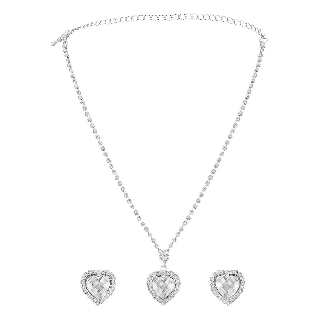 White Fancy Pendant Chain Necklace Earrings Set For Women & Girls Silver Plated Crystals & Cz Studded Stylish Desig : PX9PS55W