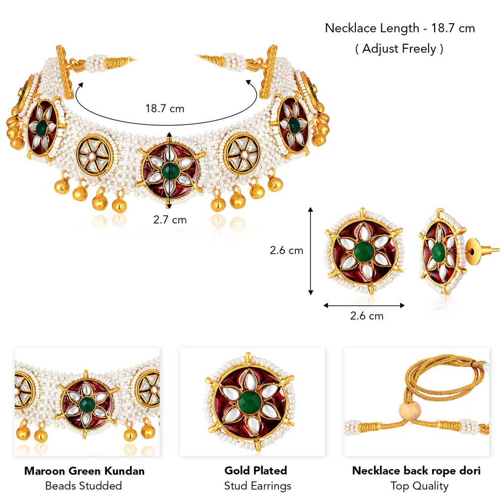 Peora Gold Plated Maroon Green Kundan & Beads Studded Necklace Stud Earrings Ethnic Jewellery Set For Women & Girls : PF104N05MG
