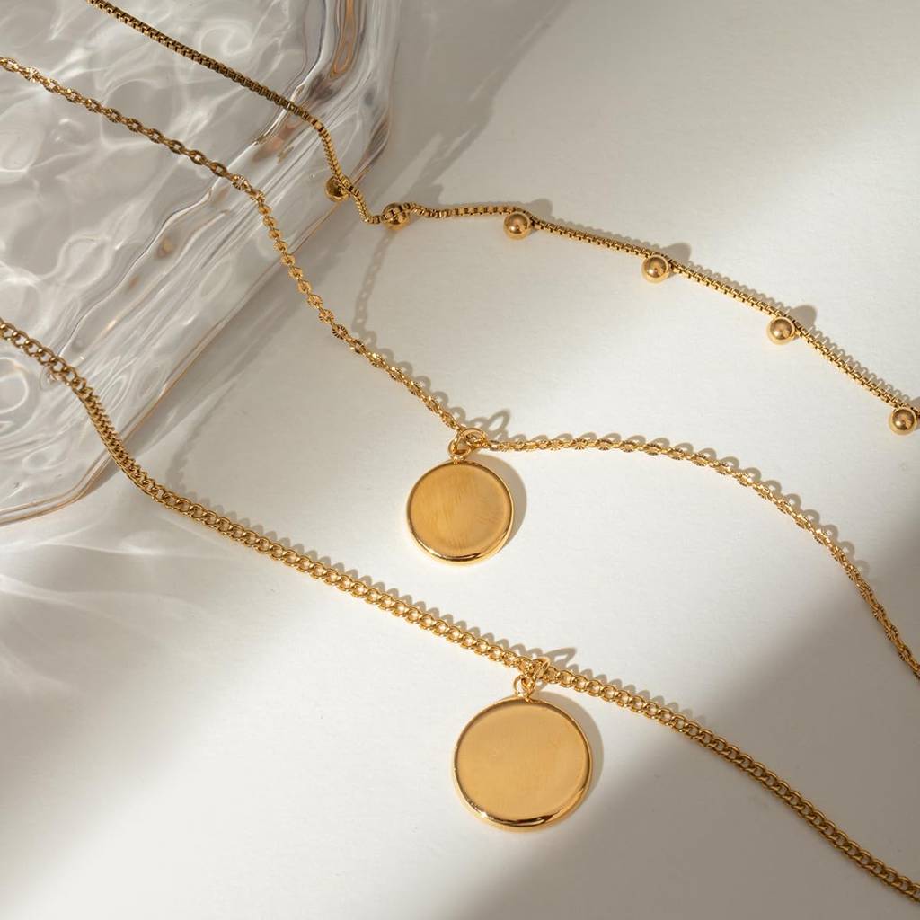 Golden Stainless Steel Layered Necklace For Women | Premium Elegant Multi-Layer Chain With Minimal Disc Pendants | : NW2408011