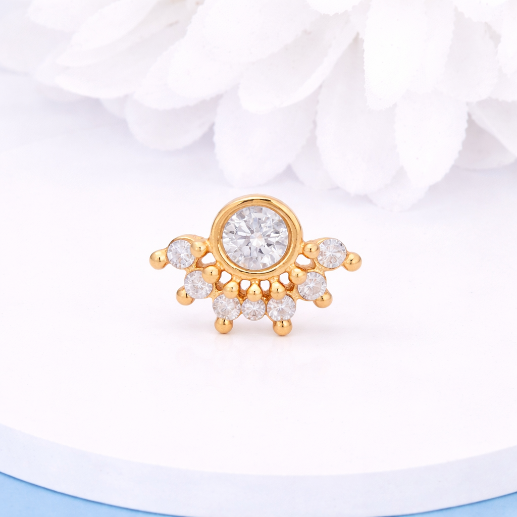 White Cz Floral Nose Pin 925 Gold Plated Sterling Silver : NP-00169_SW277_925S_YG_WCZ