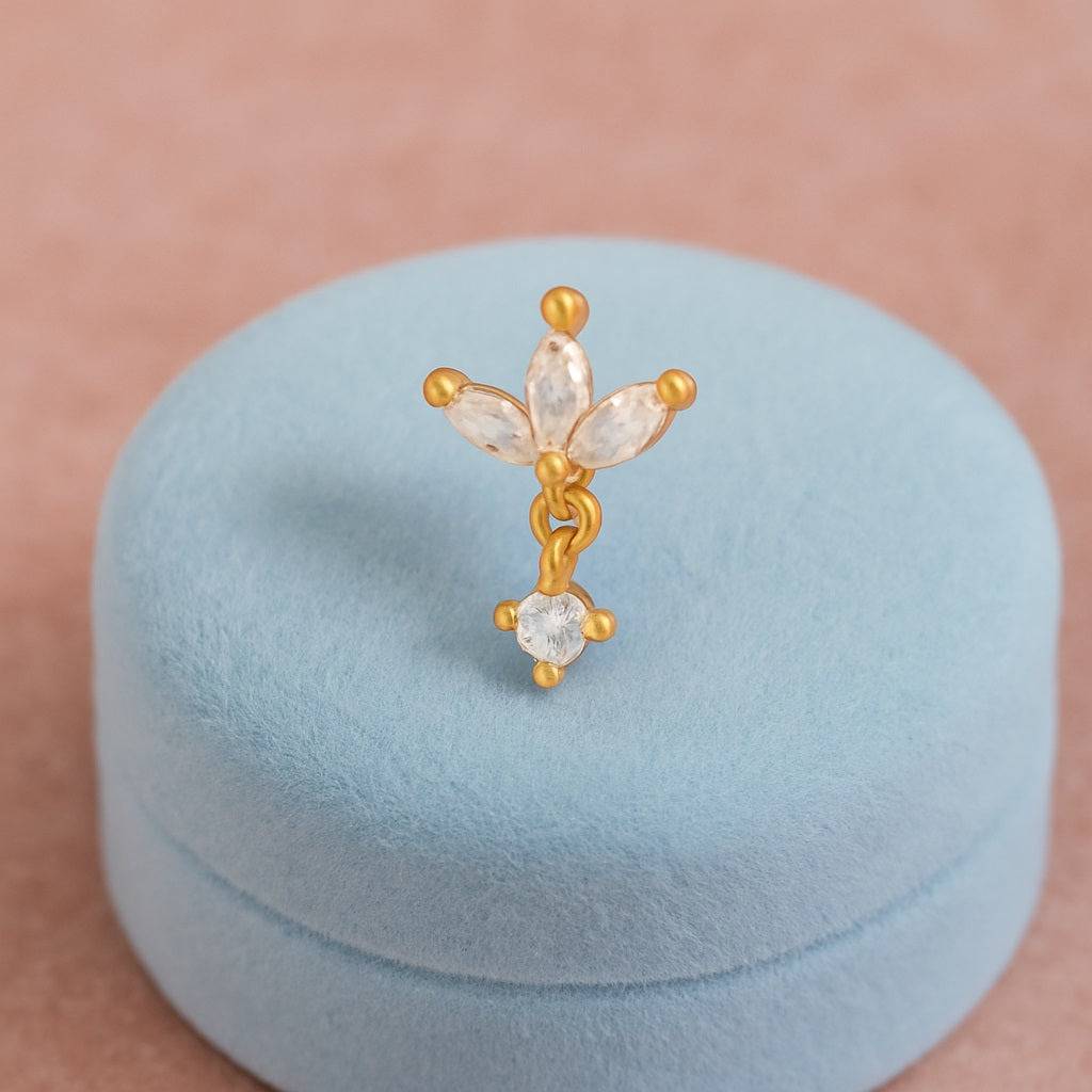 White Cz Leaf Cluster Nose Pin - Sterling Silver Gold Plated : NP-00182_SW277_925S_YG