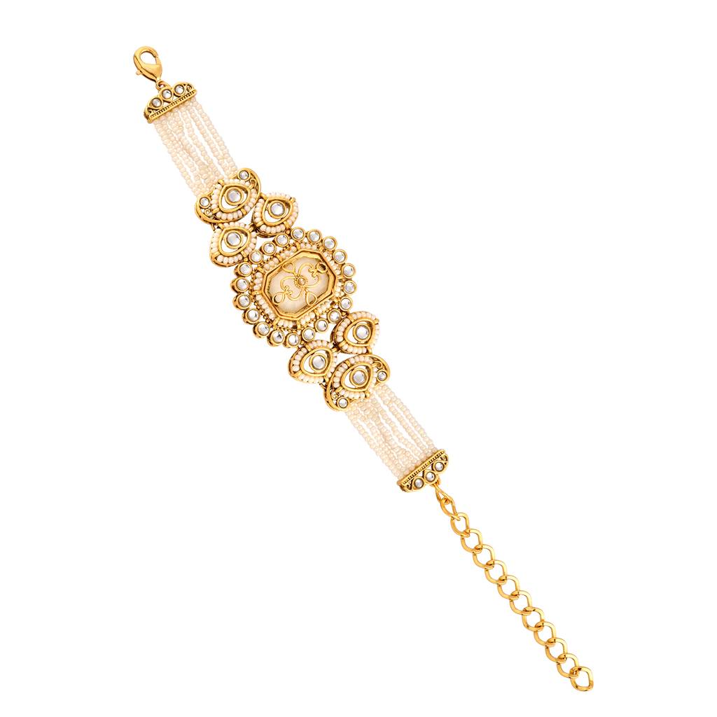 Kundan Opulance Whitesmoke Pearl Beaded Yellow Gold-Plated Bracelet : 8905124585438