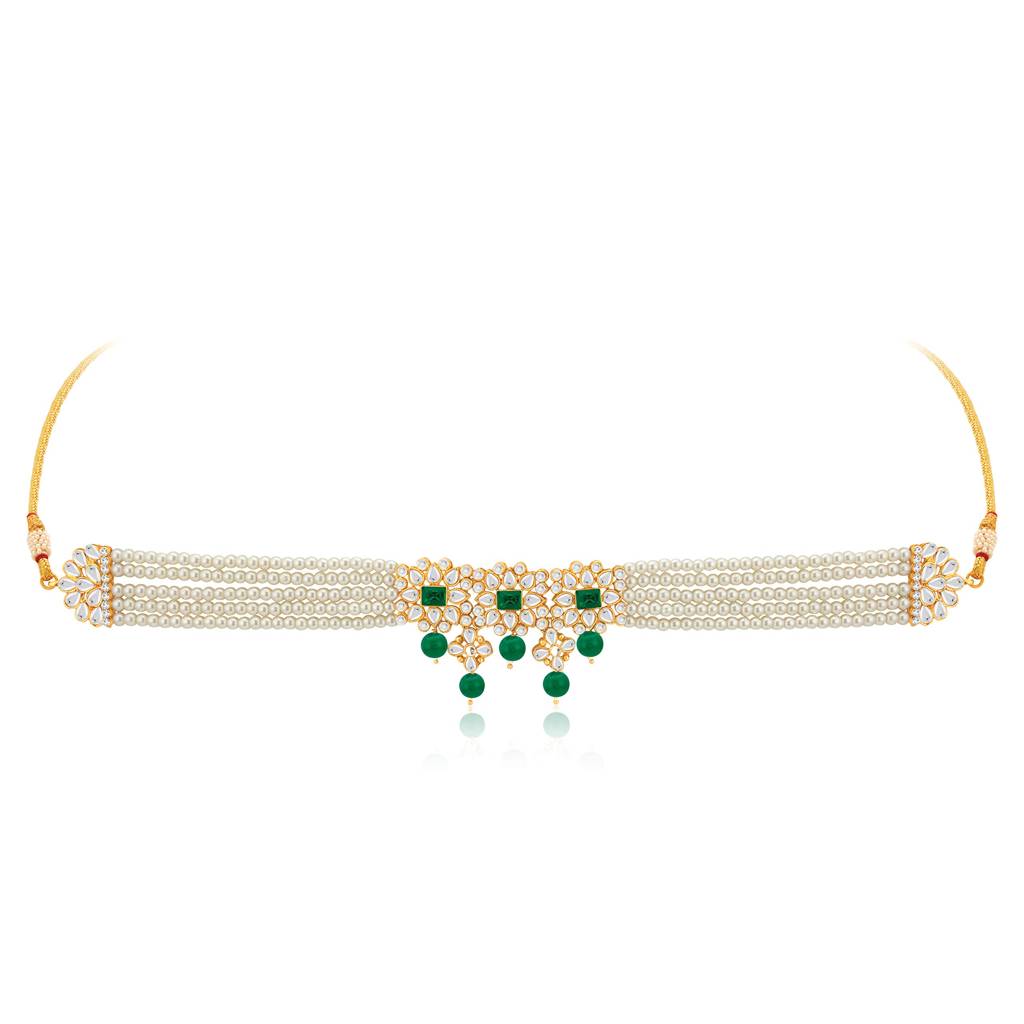 Gold Plated Pearl Beaded Adjustable Choker Necklace With Earring Maang Tikka Jewellery Set For Women : PF37N224WG