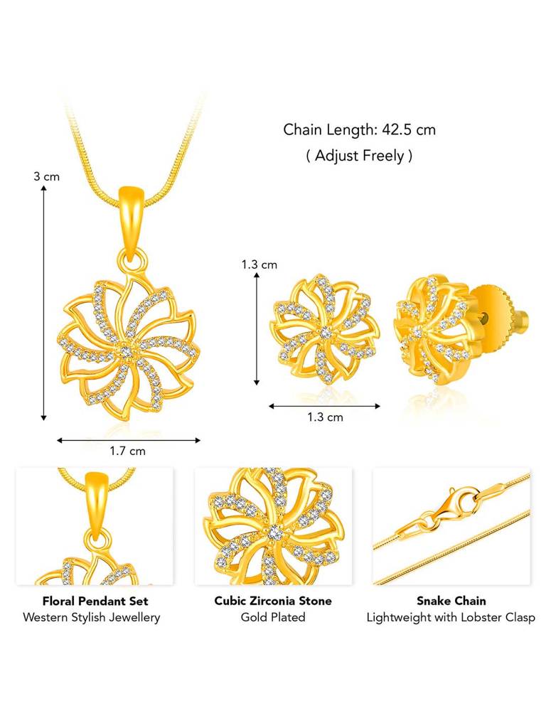 Peora Cubic Zirconia Studded Floral Pendant Chain & Stud Earrings Western Stylish Jewellery Set Gift For Women : PF54PS46G
