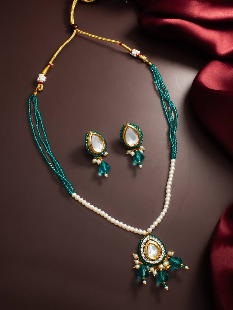 Gold Plated Kundan Teal Beaded Necklace Set With Earrings For Women : NK4722