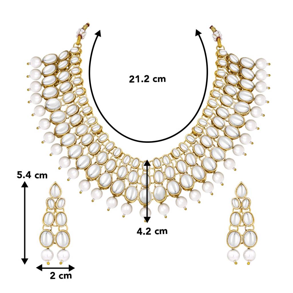 18K Gold Plated Jadau Kundan Stone Pearl Necklace With Earrings Jewellery For Women (White) : PF25N1187W
