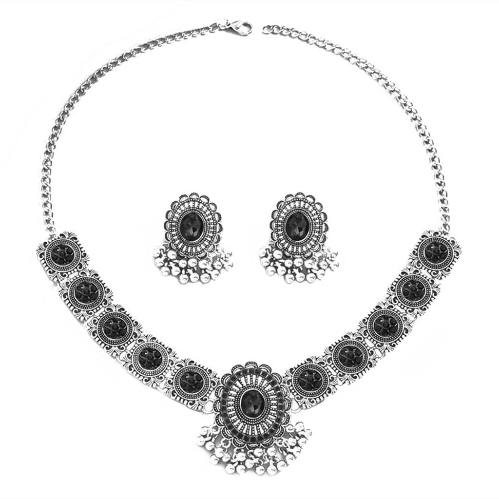 Oxidized Silver Plated Black Artificial Stone Studded Floral Style Choker Necklace With Earrings Set Fashion Jew : PX9N167OXBL