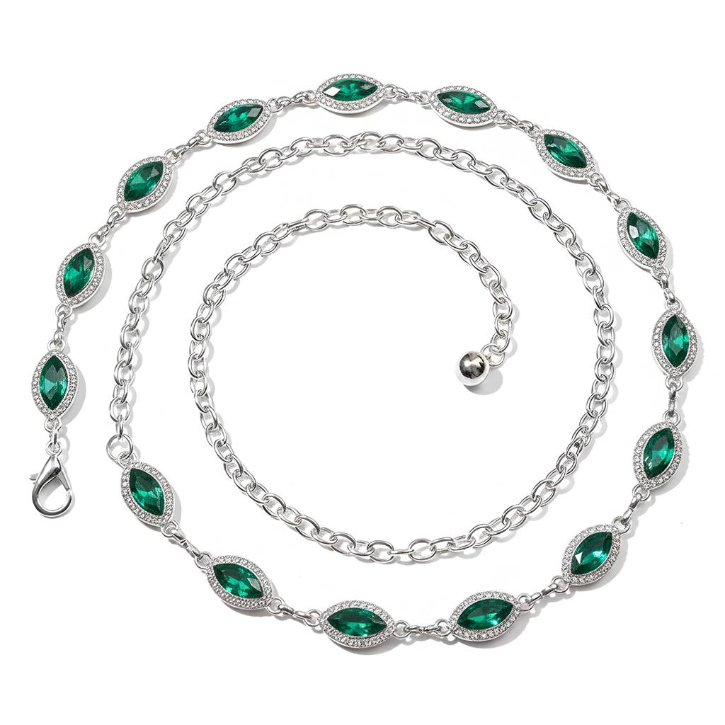 Cubic Zirconia & Crystals Studded Silver Plated Fancy Kamarbandh Belly Chain Waist Chain Jewellery For Women & G : PX9BCH76GRN