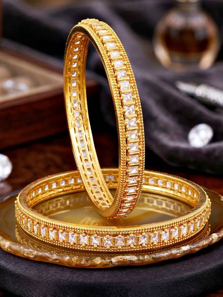 Gold Plated Temple Style White Ad Stone Bangle For Women | Elegant Ethnic Wedding Festive Kada Jewellery : 891-C1BG-2211-2-24