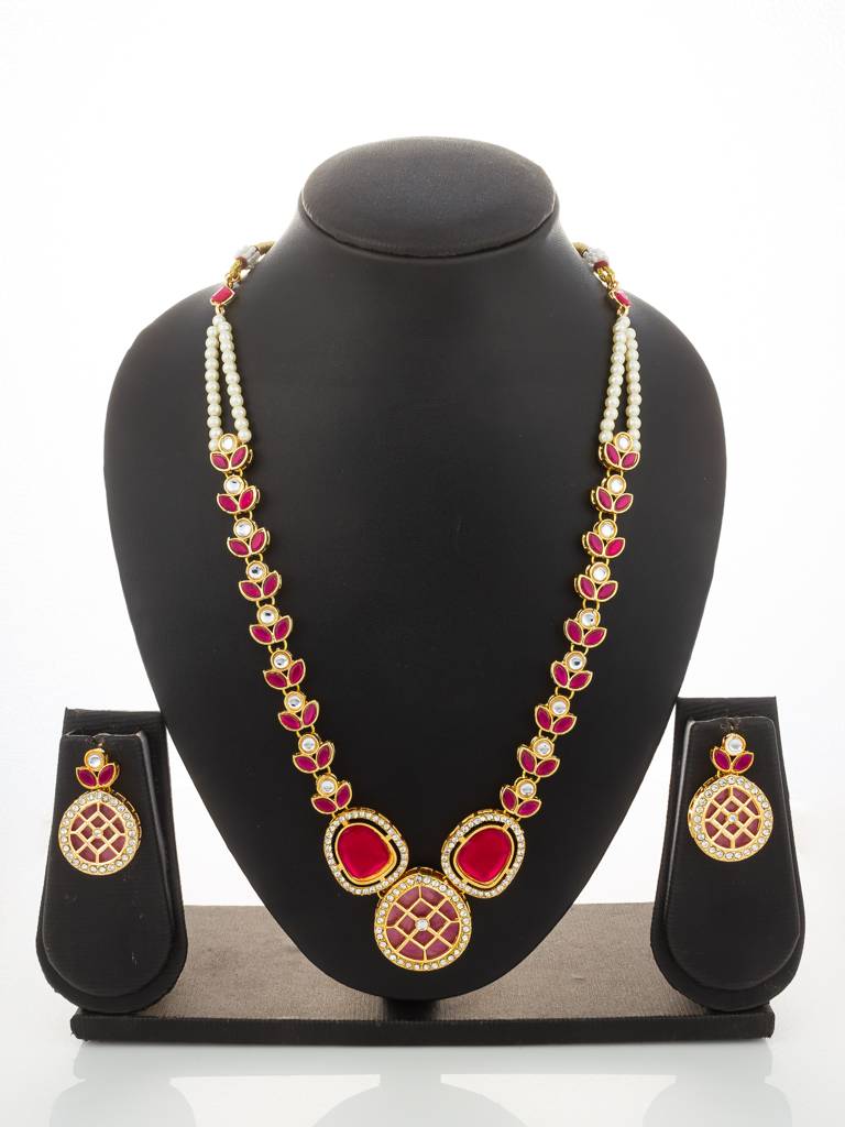 Gold-Plated Kundan Necklace Set With Ruby Red Stones And Pearl Strand : NK4916