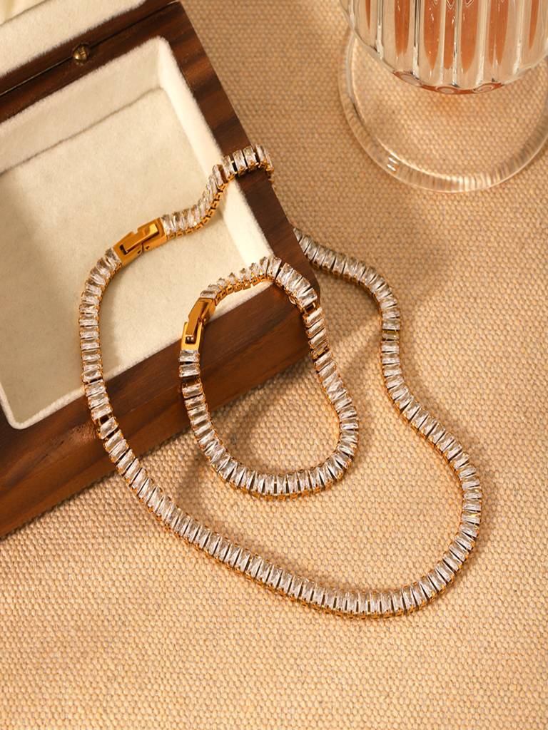 18K Gold Plated Waterproof Anti-Tarnish Tennis Zircon Necklace : AHC0925N0001