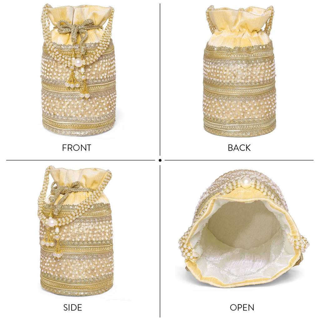 Cylinder Potli Bag With Beads Handle For Women Girls Stylish Bag Ethnic Wristlet Bride Purse With Drawstring : P205CRM-F